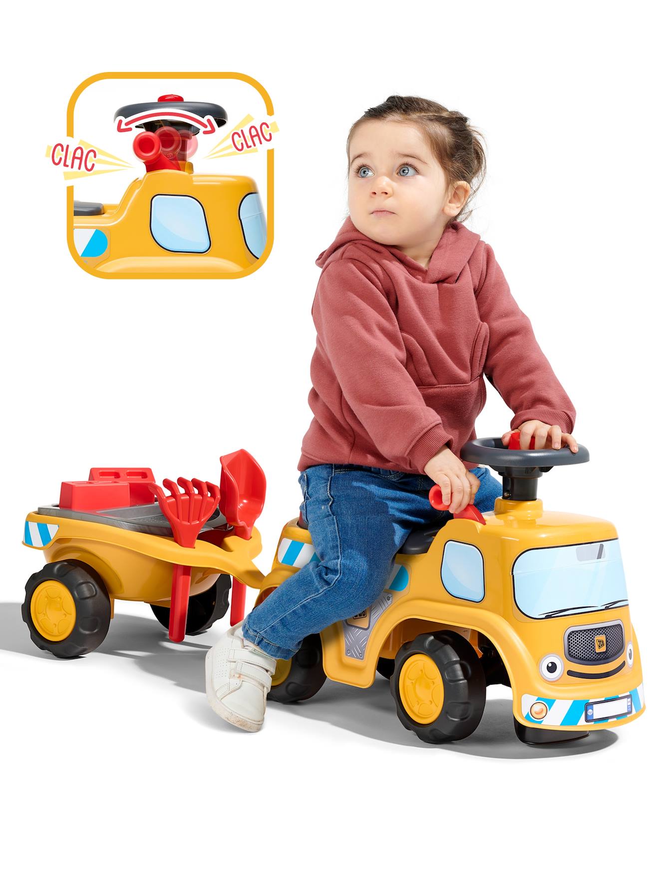 Porteur chantier avec assise ouvrante et volant directionnel avec klaxon, remorque et jeux de sable jaune jcb