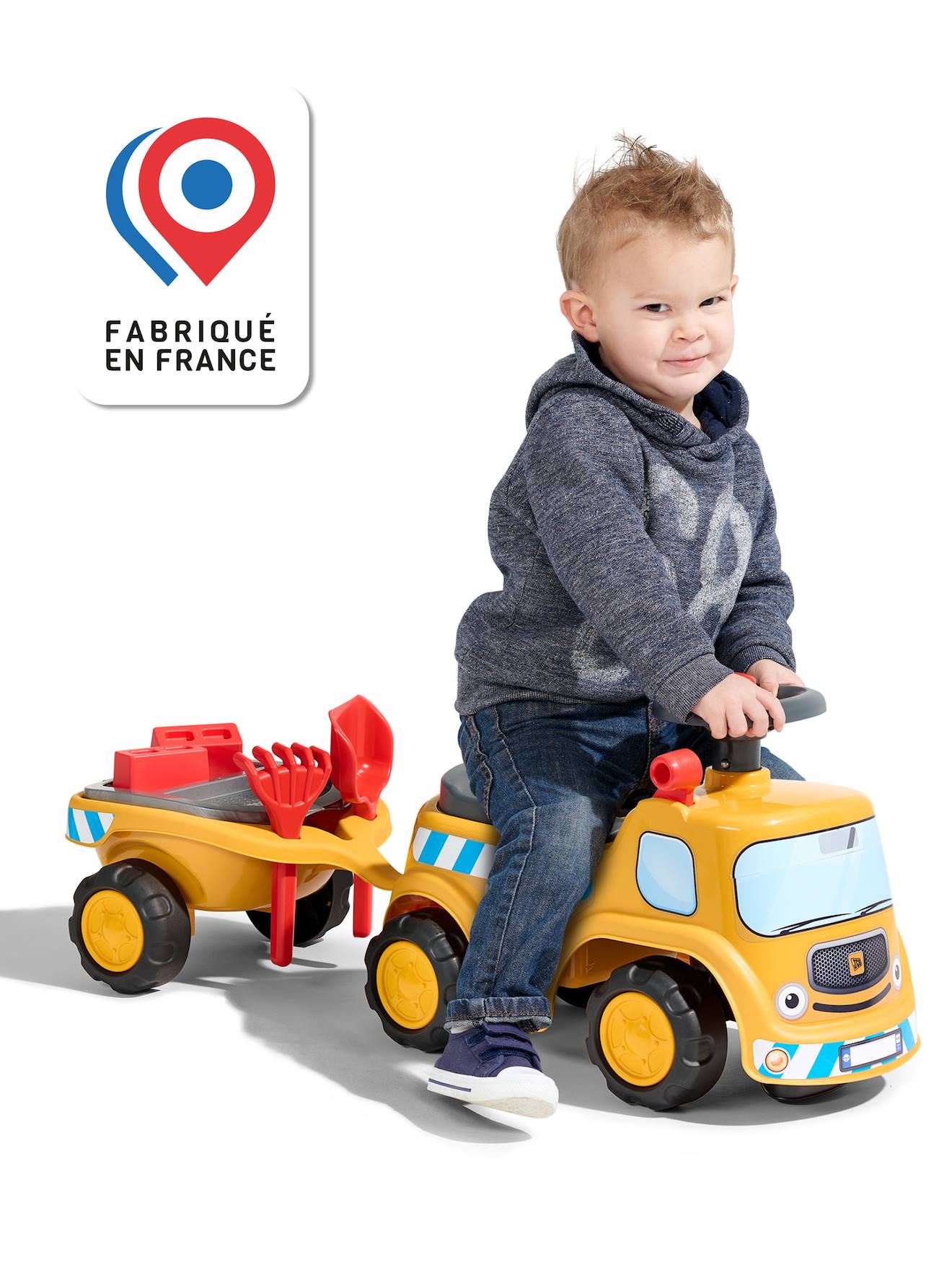 Porteur chantier avec assise ouvrante et volant directionnel avec klaxon, remorque et jeux de sable jaune jcb