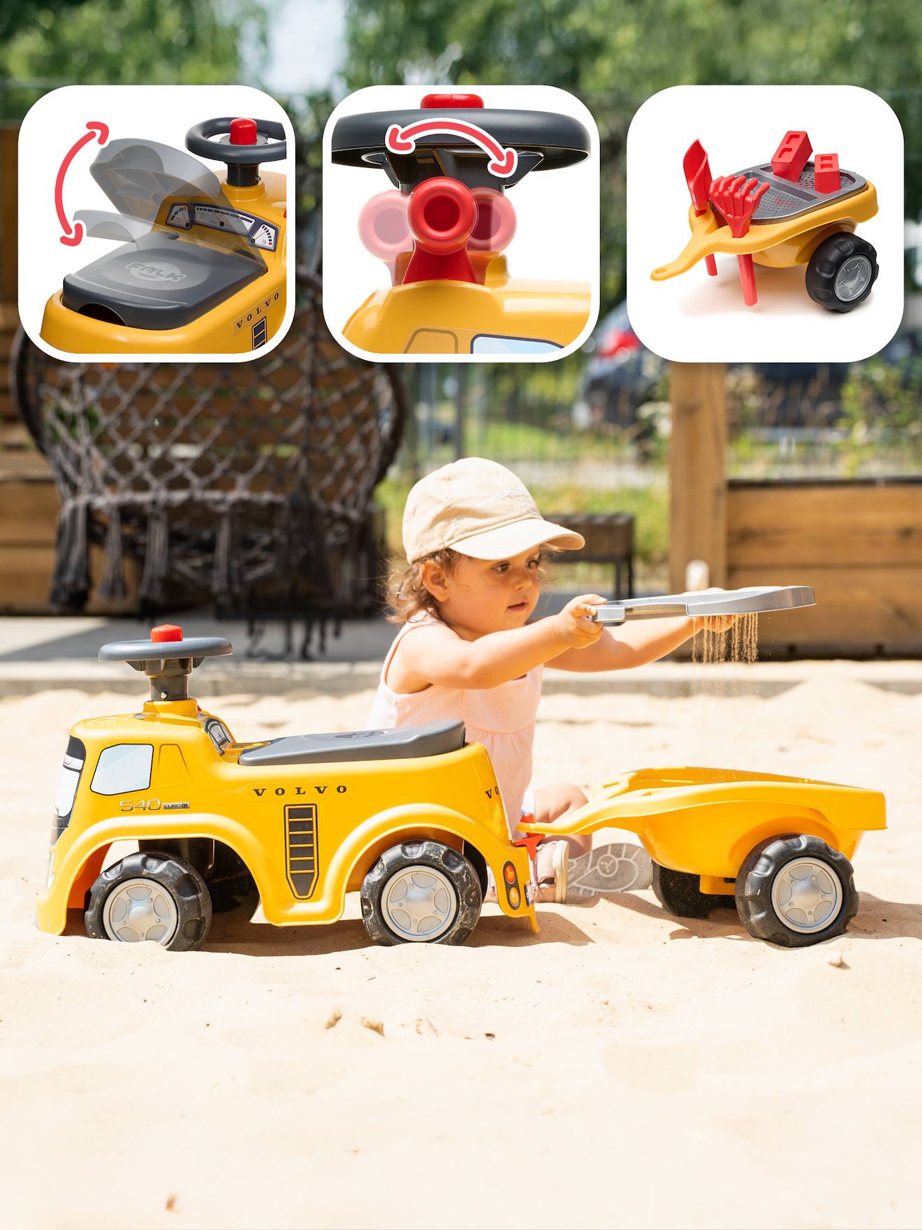 Porteur chantier avec assise ouvrante et volant directionnel avec klaxon, remorque et jeux de sable jaune volvo