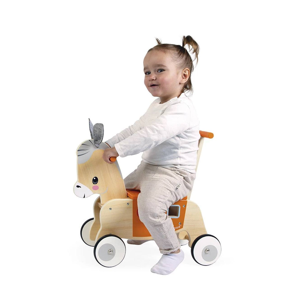 Porteur en bois âne avec boîte à formes orange