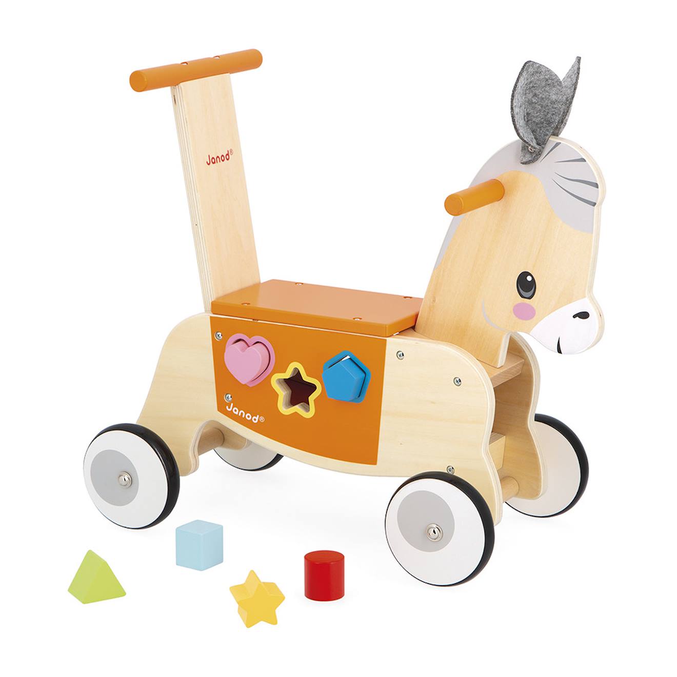 Porteur en bois âne avec boîte à formes orange