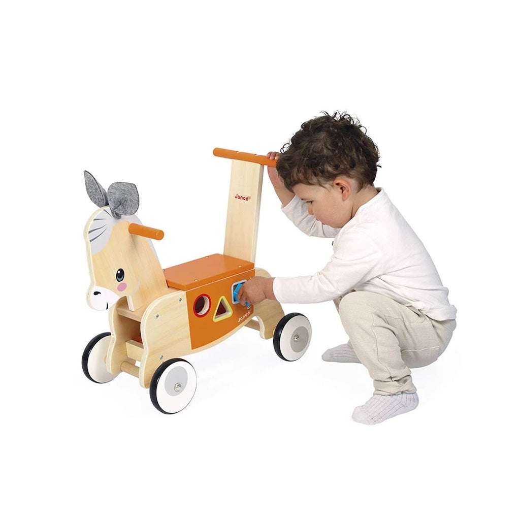 Porteur en bois âne avec boîte à formes orange