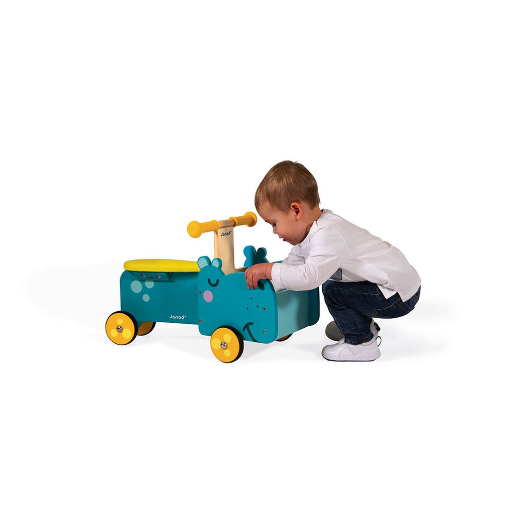 Porteur en bois hippo bleu / jaune