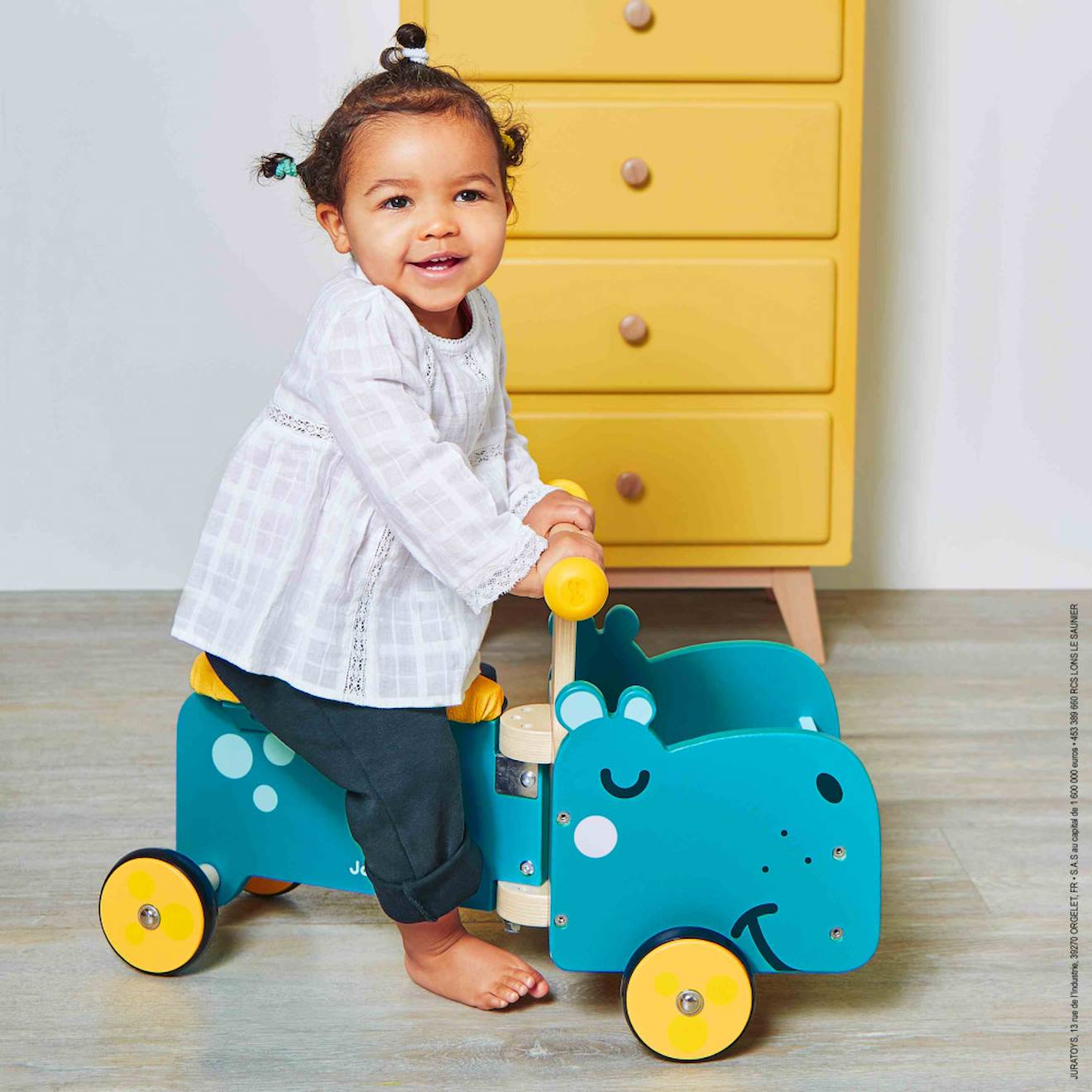 Porteur en bois hippo bleu / jaune