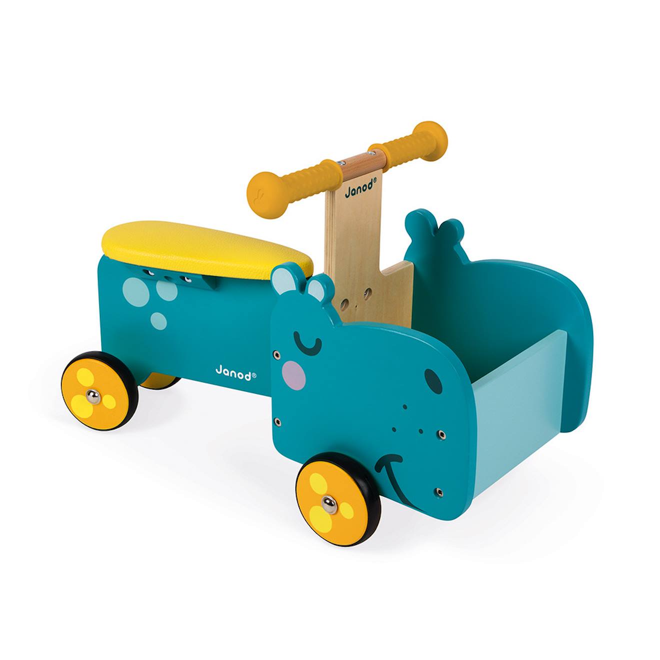 Porteur en bois hippo bleu / jaune