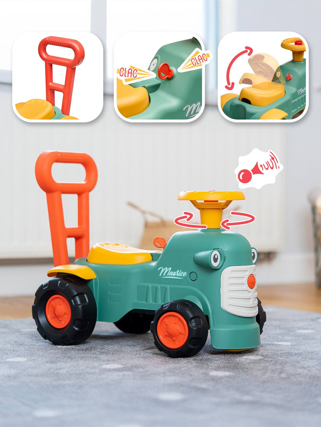 Porteur tracteur avec barre d'aide à la marche ergonomique vert vintage
