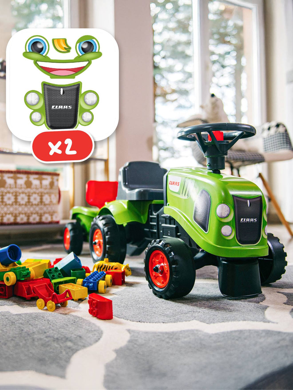 Porteur tracteur avec remorque, pelle et râteau vert claas