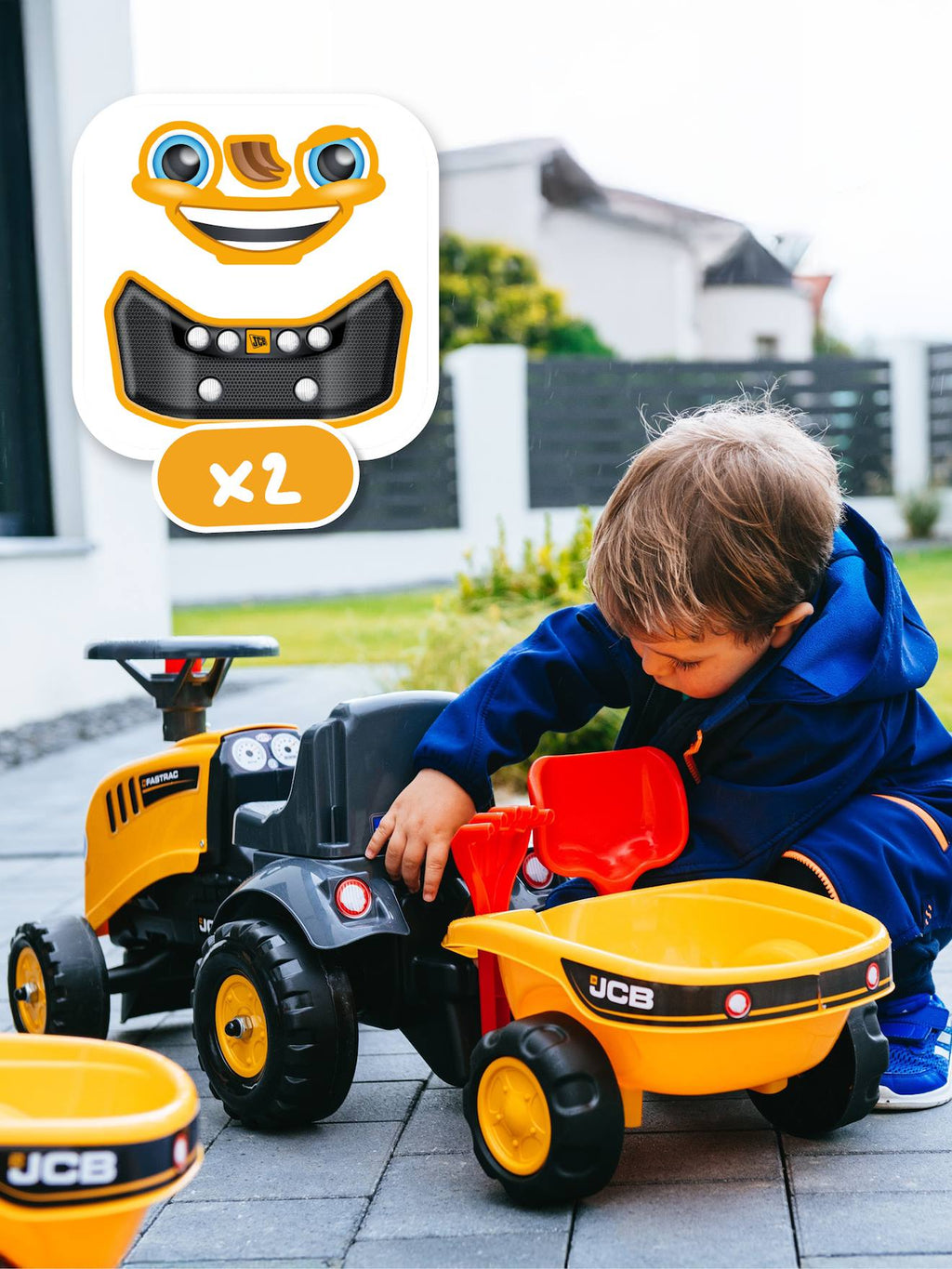 Porteur tracteur avec remorque, pelle et râteau jaune jcb