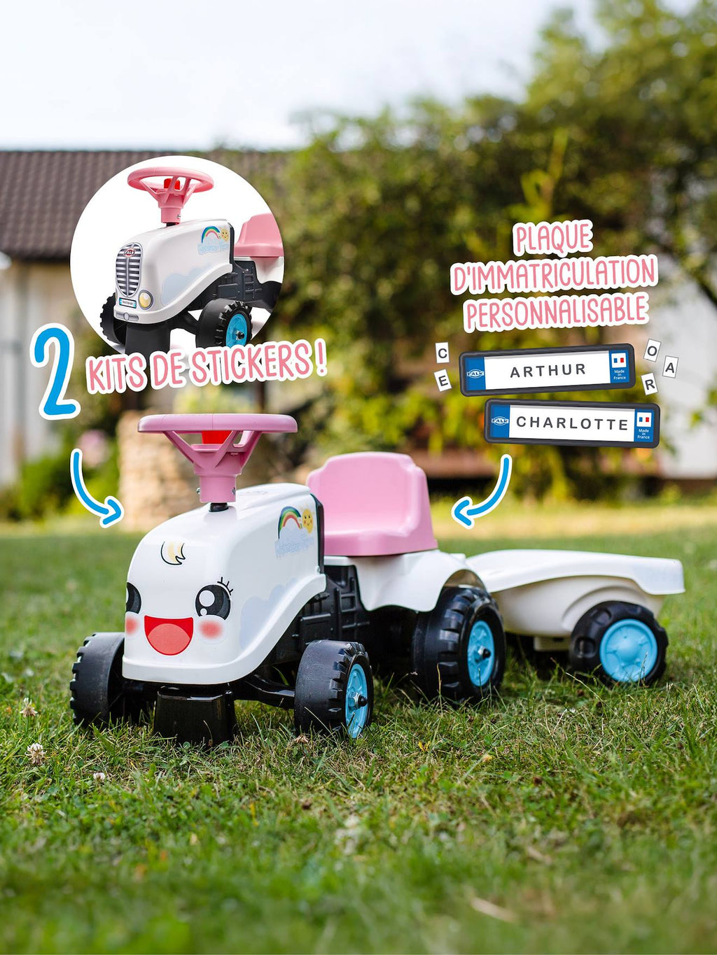 Porteur tracteur avec remorque blanc et rose
