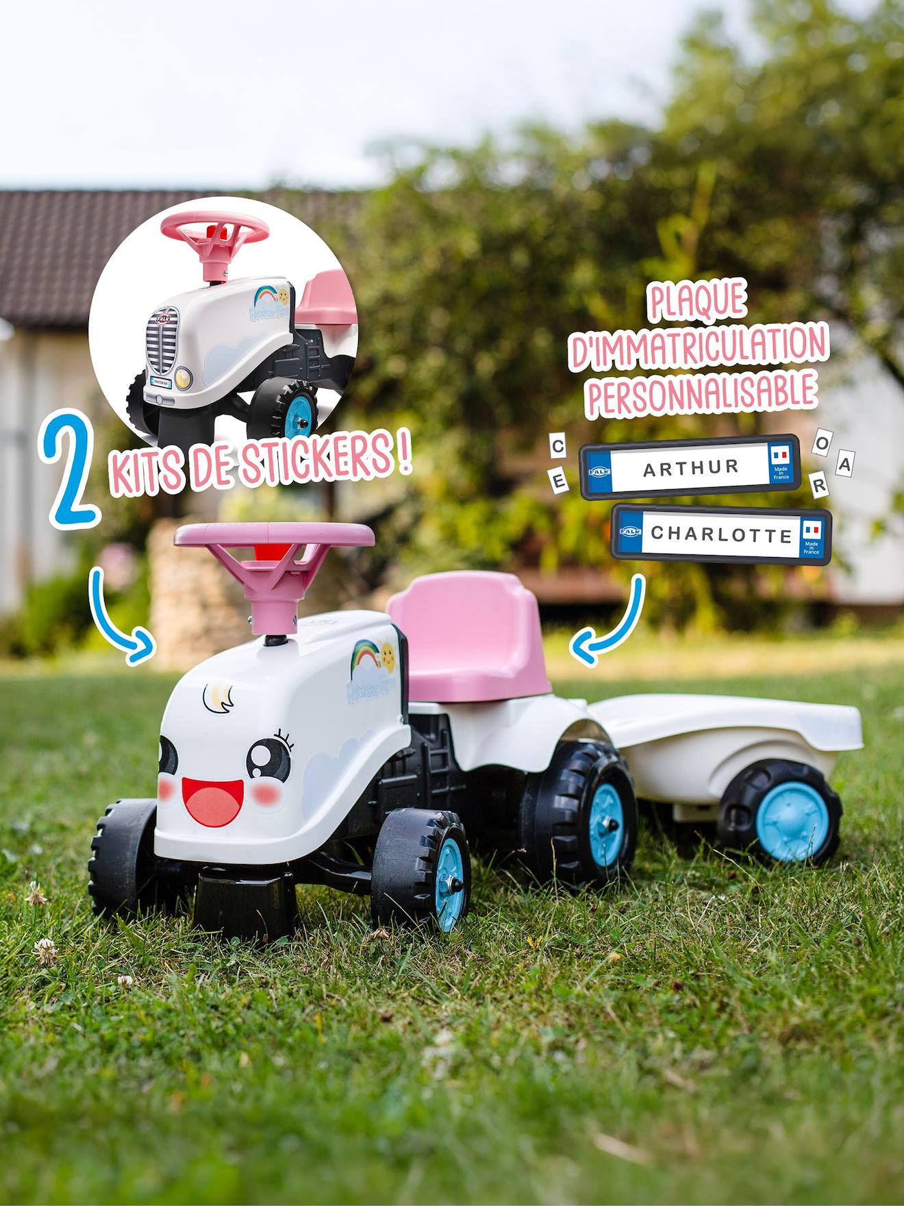 Porteur tracteur avec remorque blanc et rose