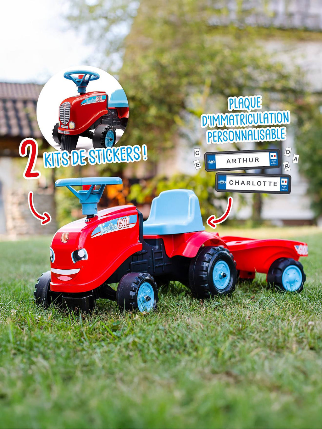 Porteur tracteur avec remorque rouge et bleu