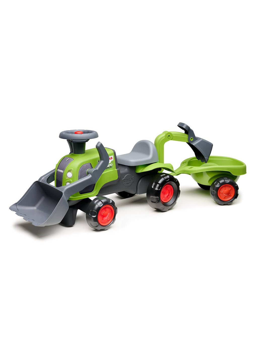 Porteur tracteur claas 1er âge avec pelle frontale, excavatrice et remorque vert claas