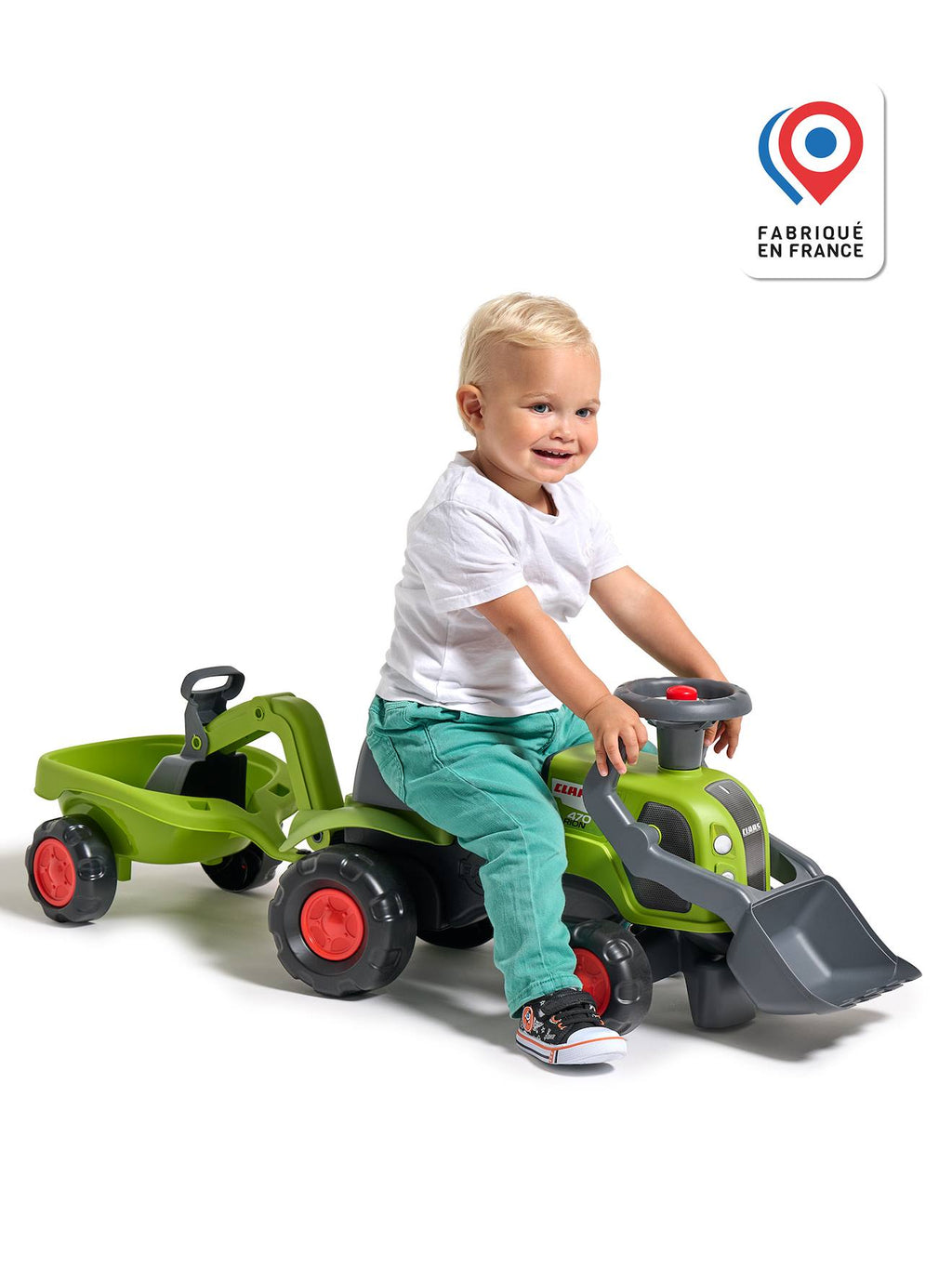 Porteur tracteur claas 1er âge avec pelle frontale, excavatrice et remorque vert claas