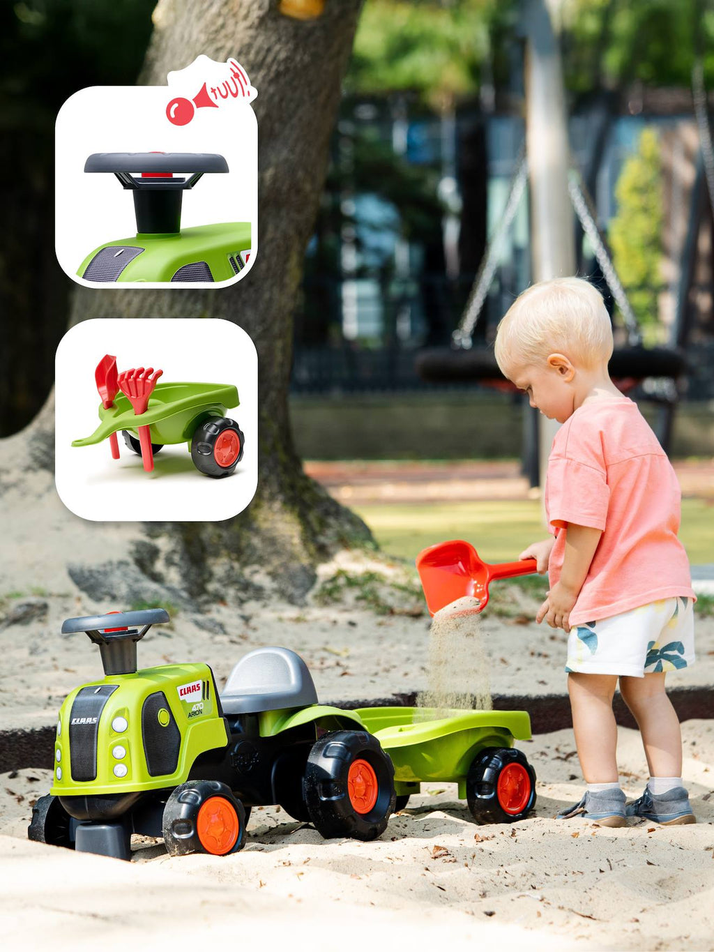 Porteur tracteur claas 1er âge avec remorque, pelle et râteau vert claas