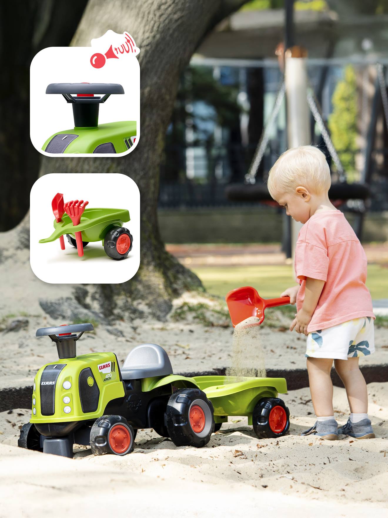 Porteur tracteur claas 1er âge avec roues silencieuses et remorque vert claas