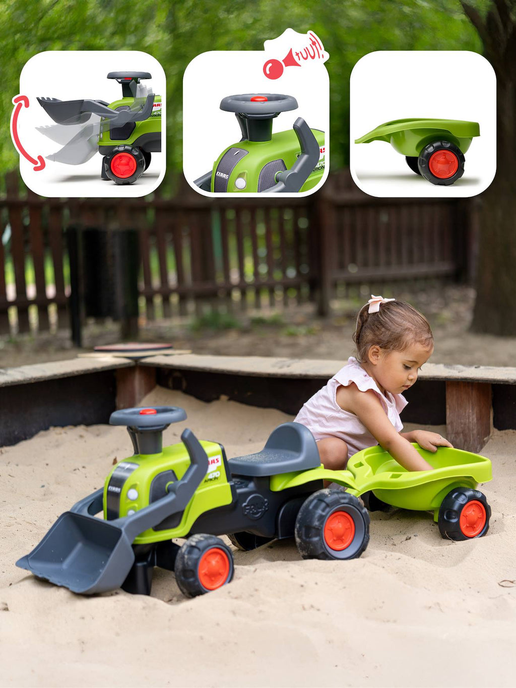 Porteur tractopelle claas 1er âge avec roues silencieuses et remorque vert claas