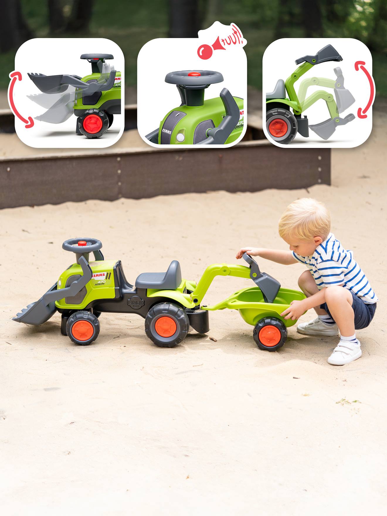 Porteur tractopelle claas 1er âge avec roues silencieuses, excavatrice et remorque vert claas
