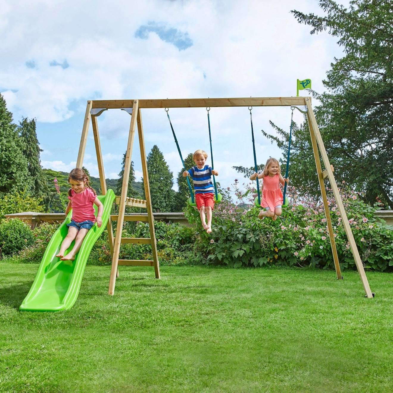 Portique 2 balançoires et toboggan thymélée bois h200cm marron - bleu - gris - vert