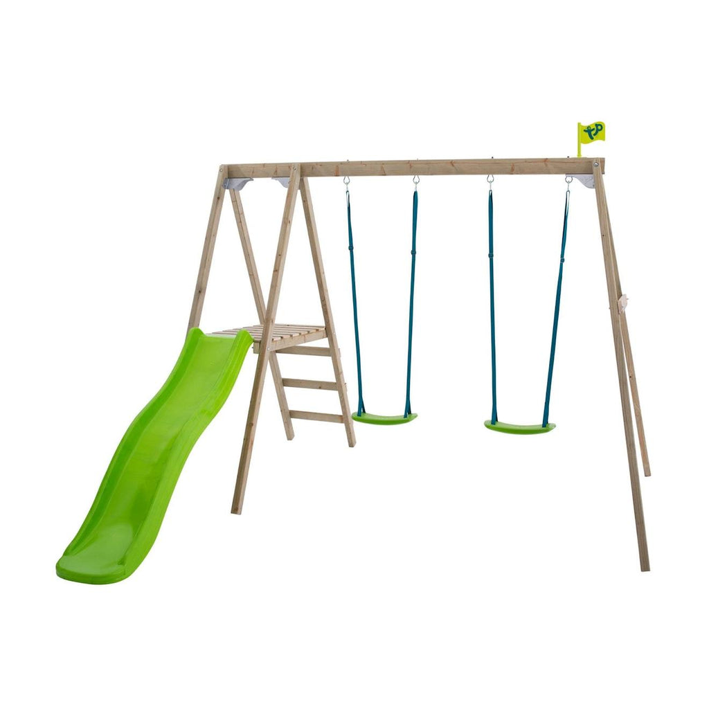 Portique 2 balançoires et toboggan thymélée bois h200cm marron - bleu - gris - vert
