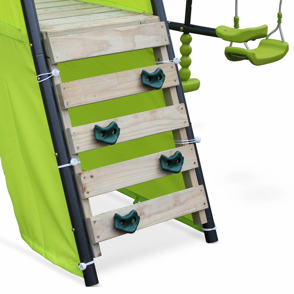 Portique avec balançoires, face à face, toboggan, panier de basket,mur d'escalade, tente vert