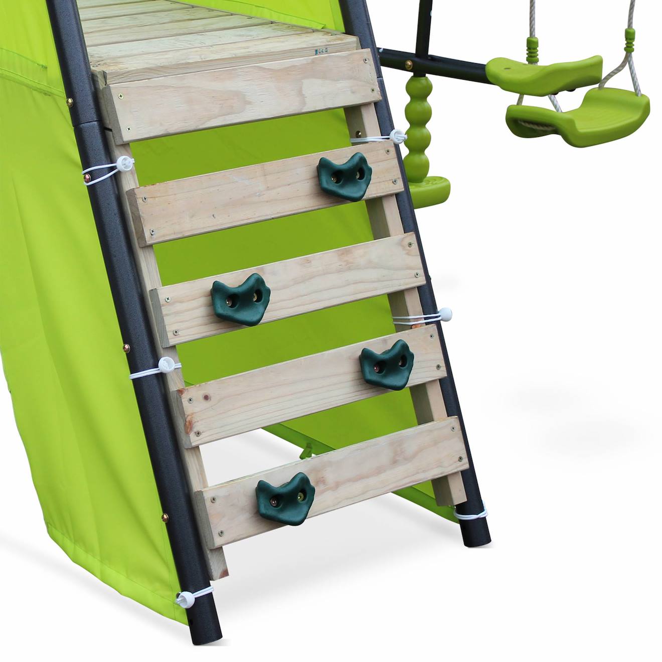 Portique avec balançoires, face à face, toboggan, panier de basket,mur d'escalade, tente vert