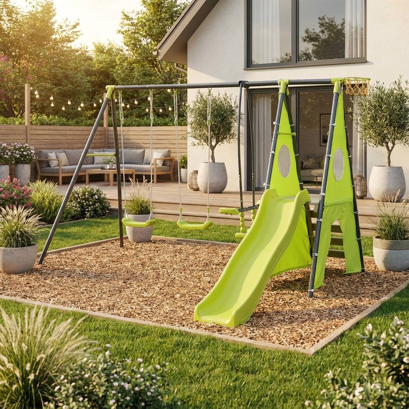 Portique avec balançoires, face à face, toboggan, panier de basket,mur d'escalade, tente vert