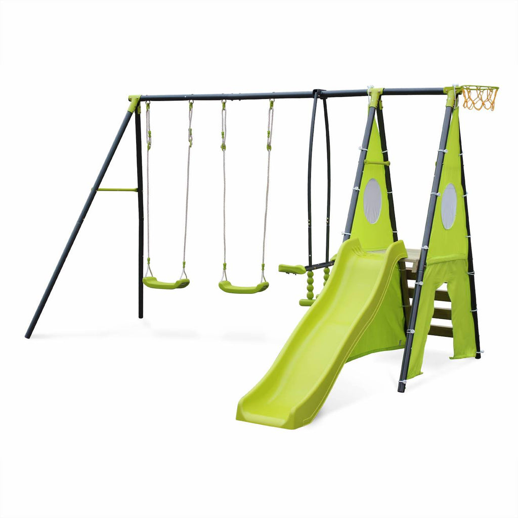 Portique avec balançoires, face à face, toboggan, panier de basket,mur d'escalade, tente vert