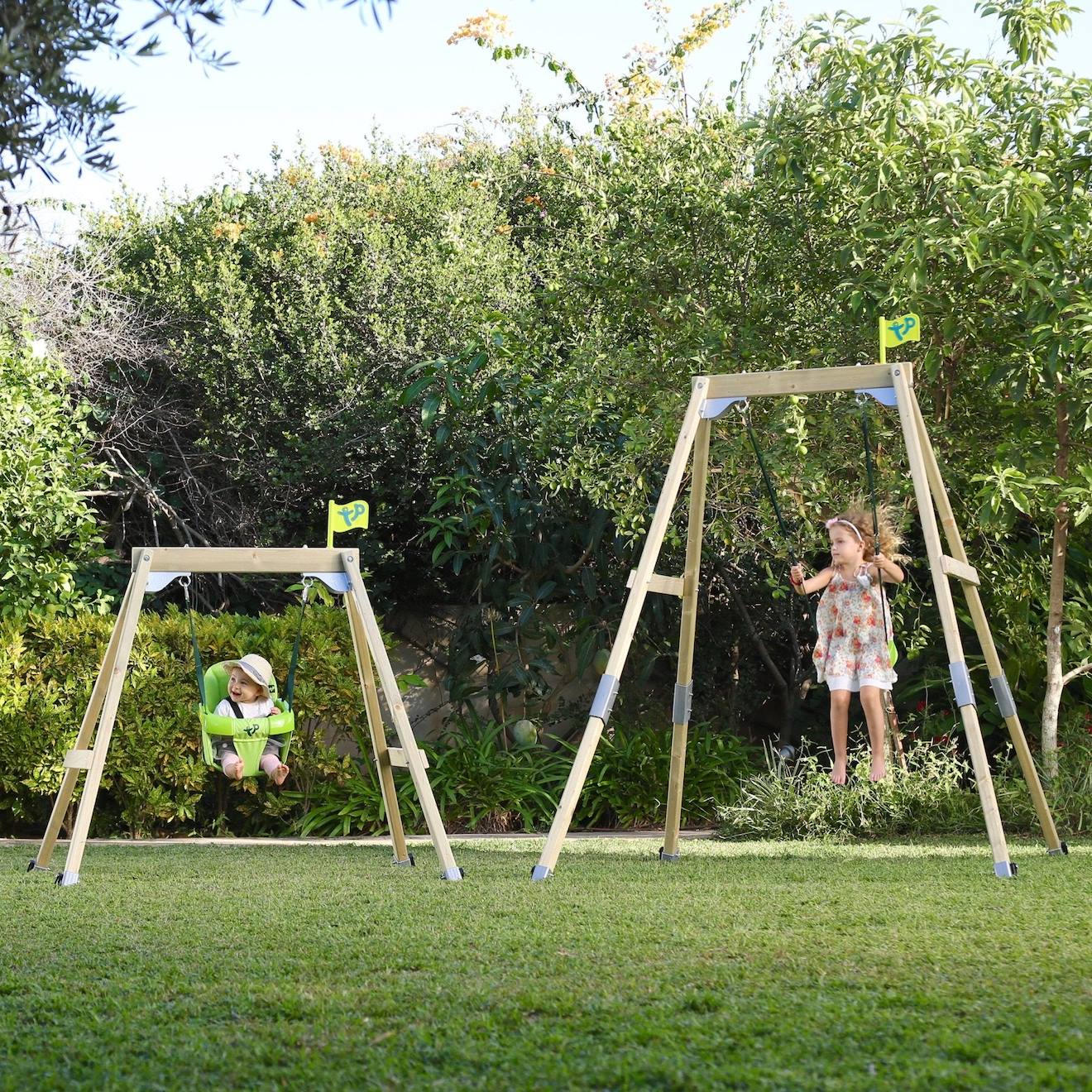 Portique balançoire 2 en 1 évolutif forest acorn bois h200cm marron - bleu - gris - vert