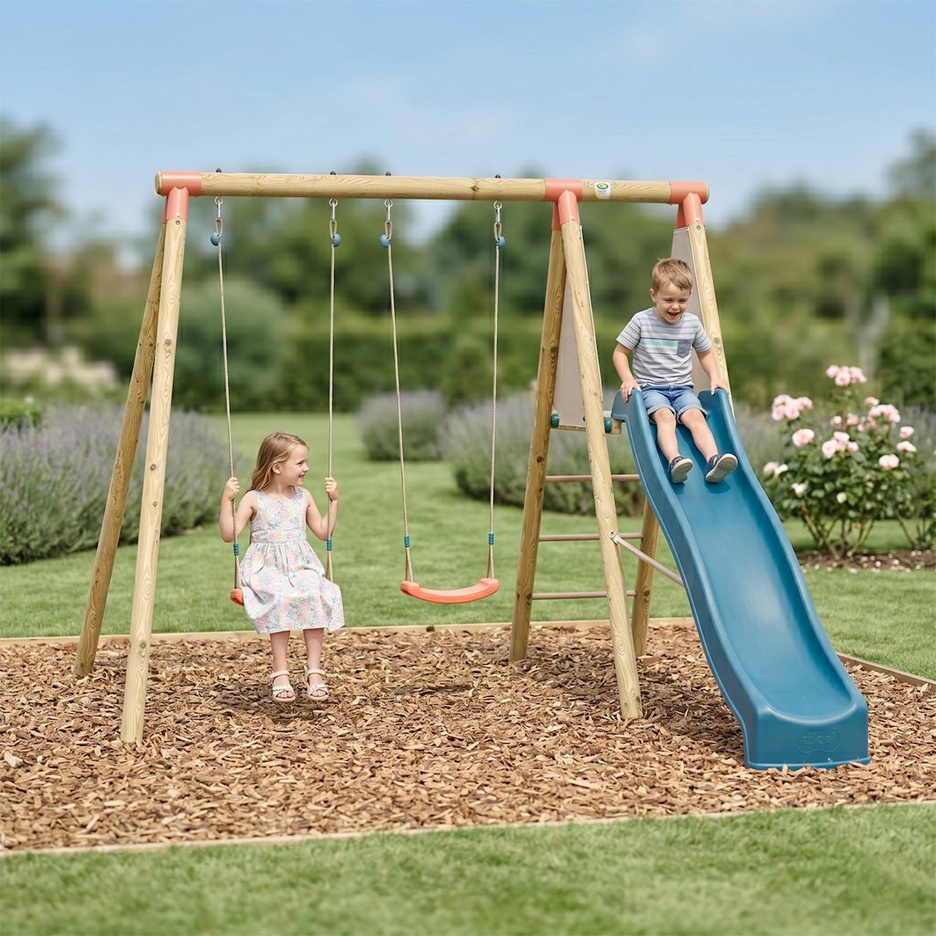 Portique balançoire bois 2.30 m avec toboggan milu 2 pour enfants bois