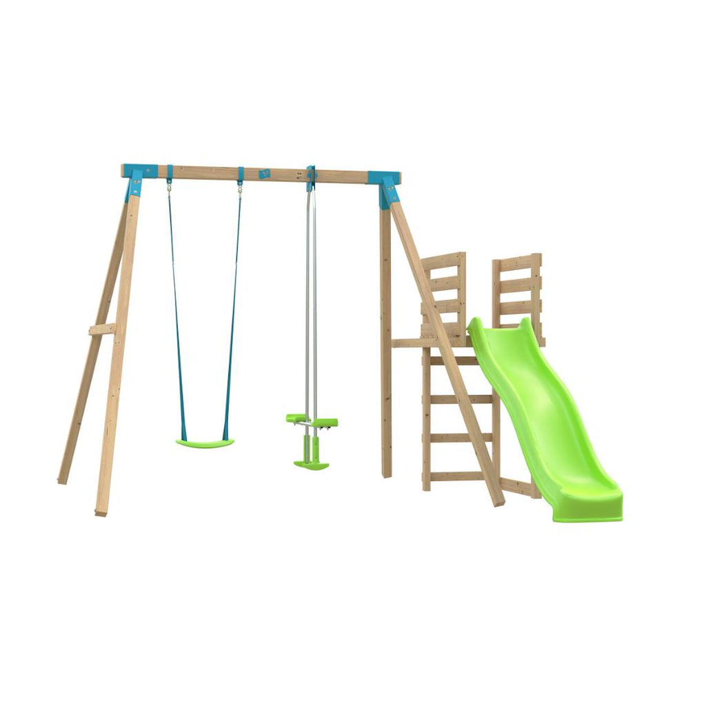 Portique balançoire et vis-à-vis aubépine bois h243cm marron - bleu - vert