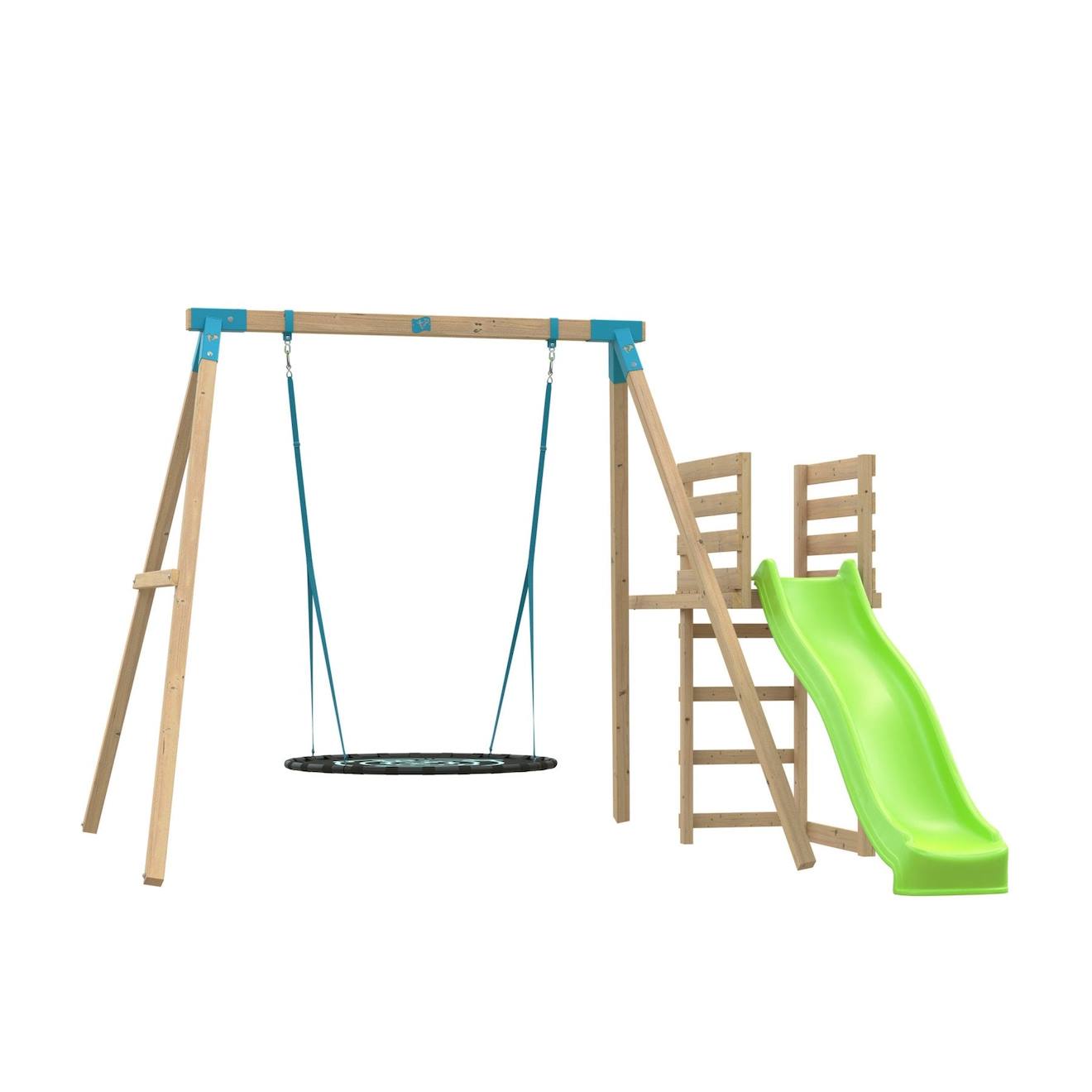 Portique balançoire nid et toboggan alysse bois h243cm marron - bleu - vert