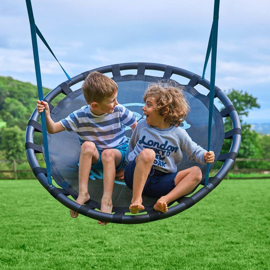 Portique balançoire nid et toboggan alysse bois h243cm marron - bleu - vert