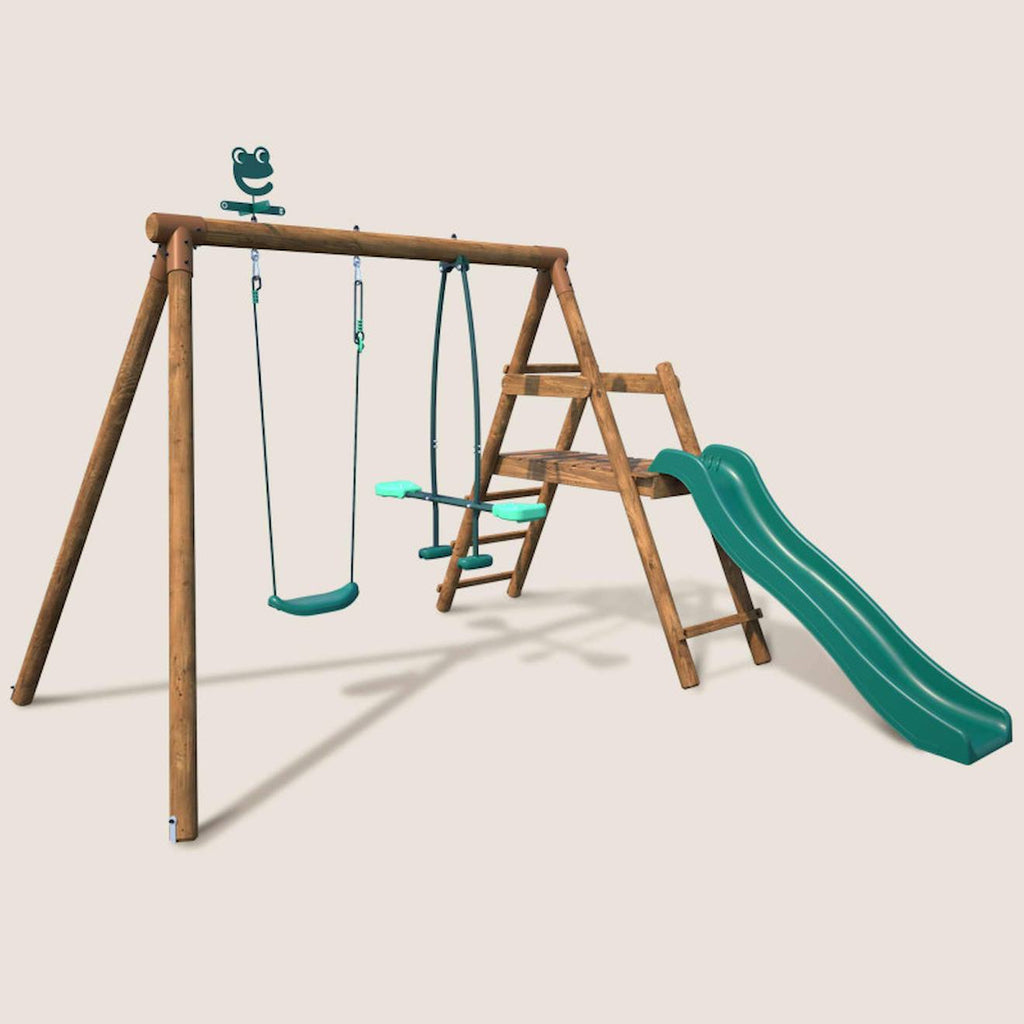 Portique en bois rond 2 agrès avec balançoire et face à face menthe marron