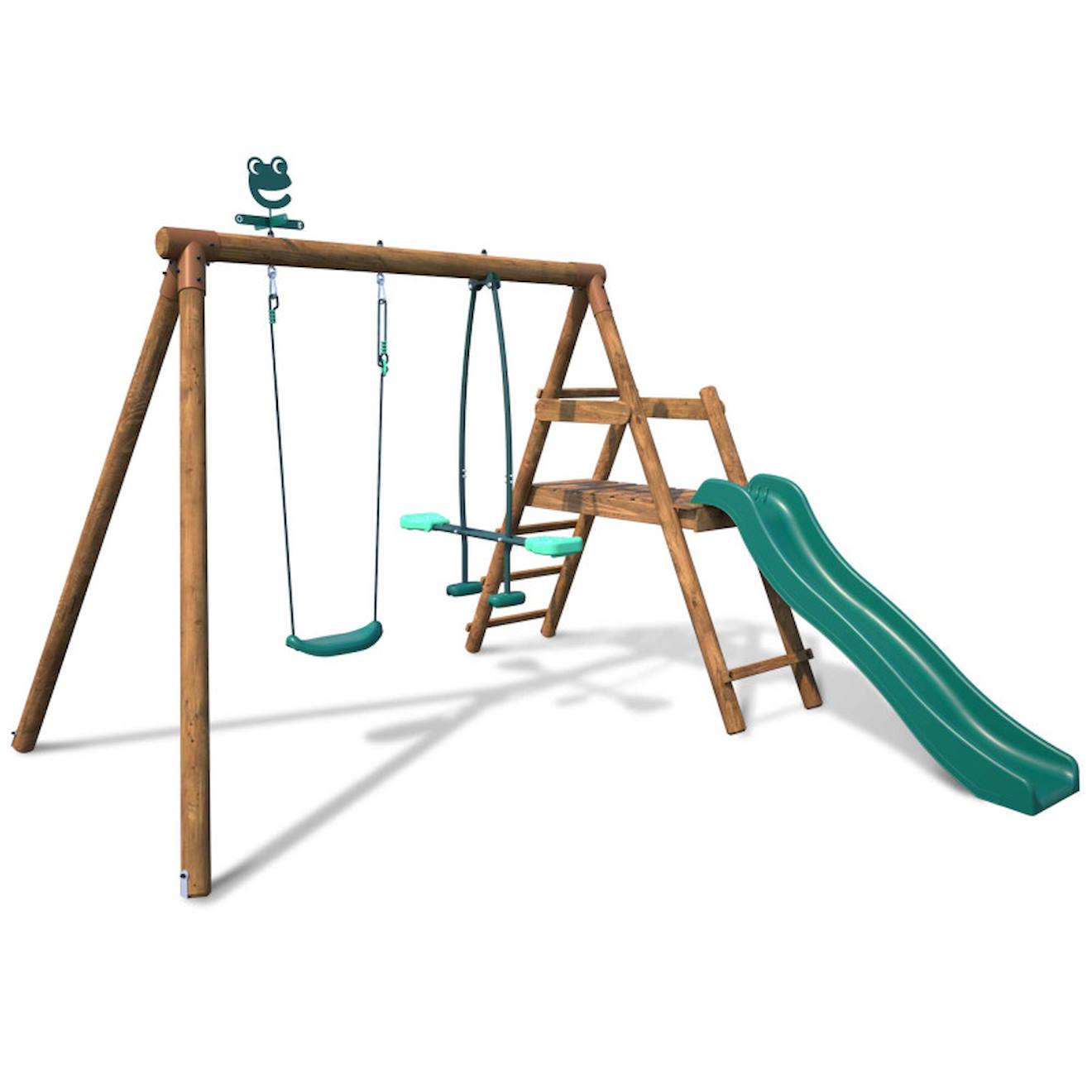Portique en bois rond 2 agrès avec balançoire et face à face menthe marron