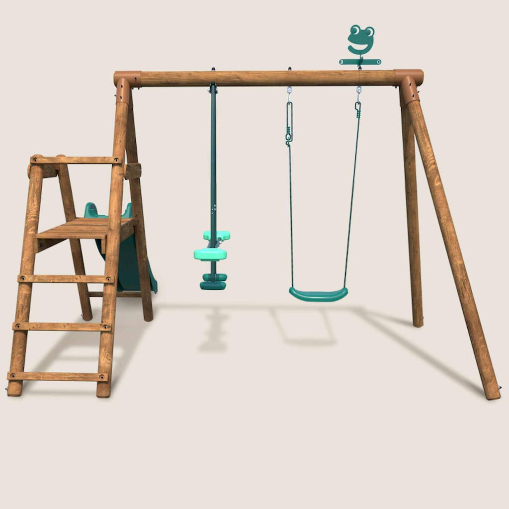 Portique en bois rond 2 agrès avec balançoire et face à face menthe marron