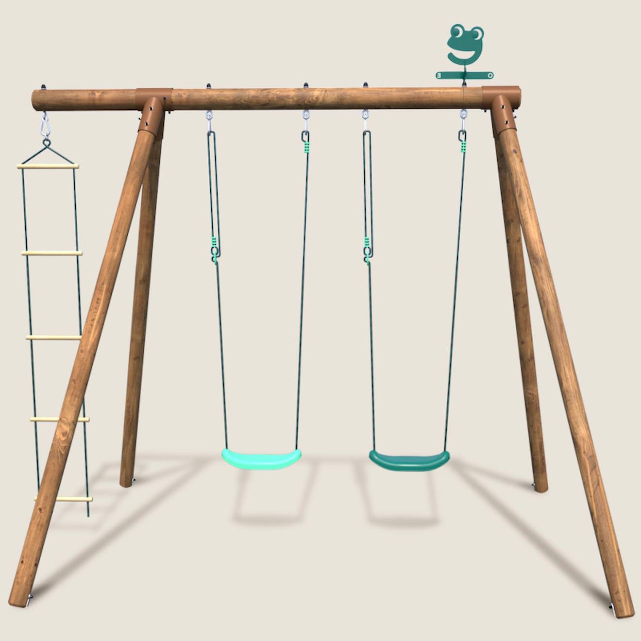 Portique en bois rond 3 agrès avec échelle arthur marron