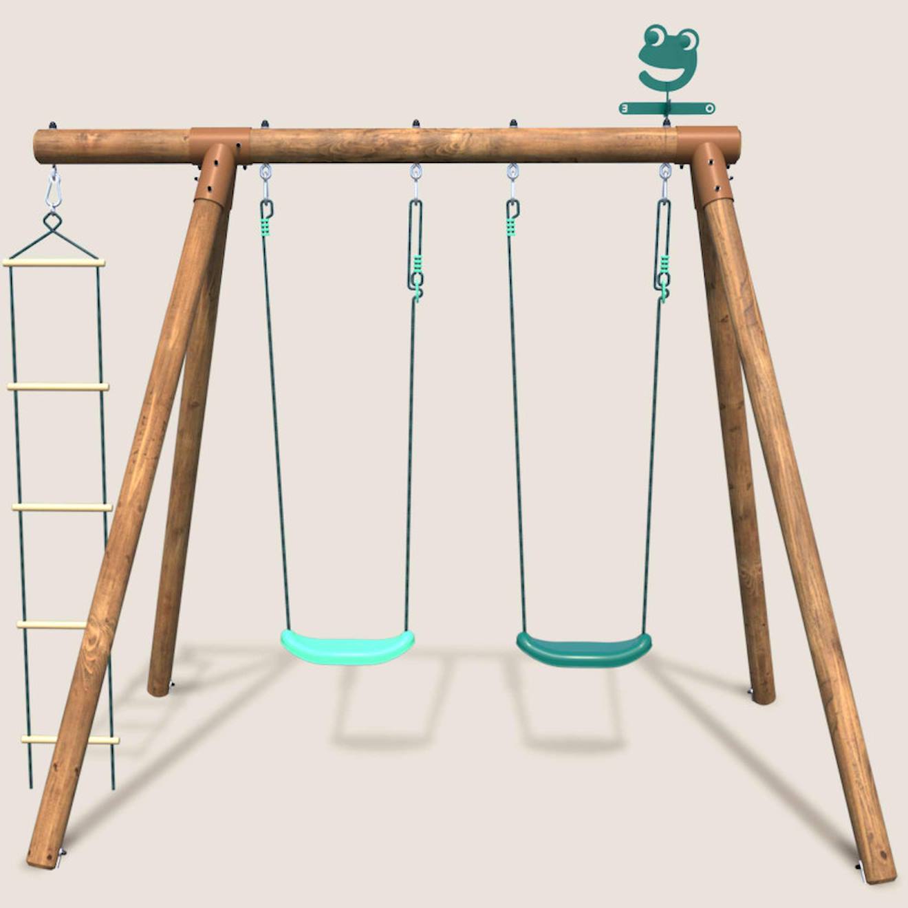 Portique en bois rond 3 agrès avec échelle tonka marron