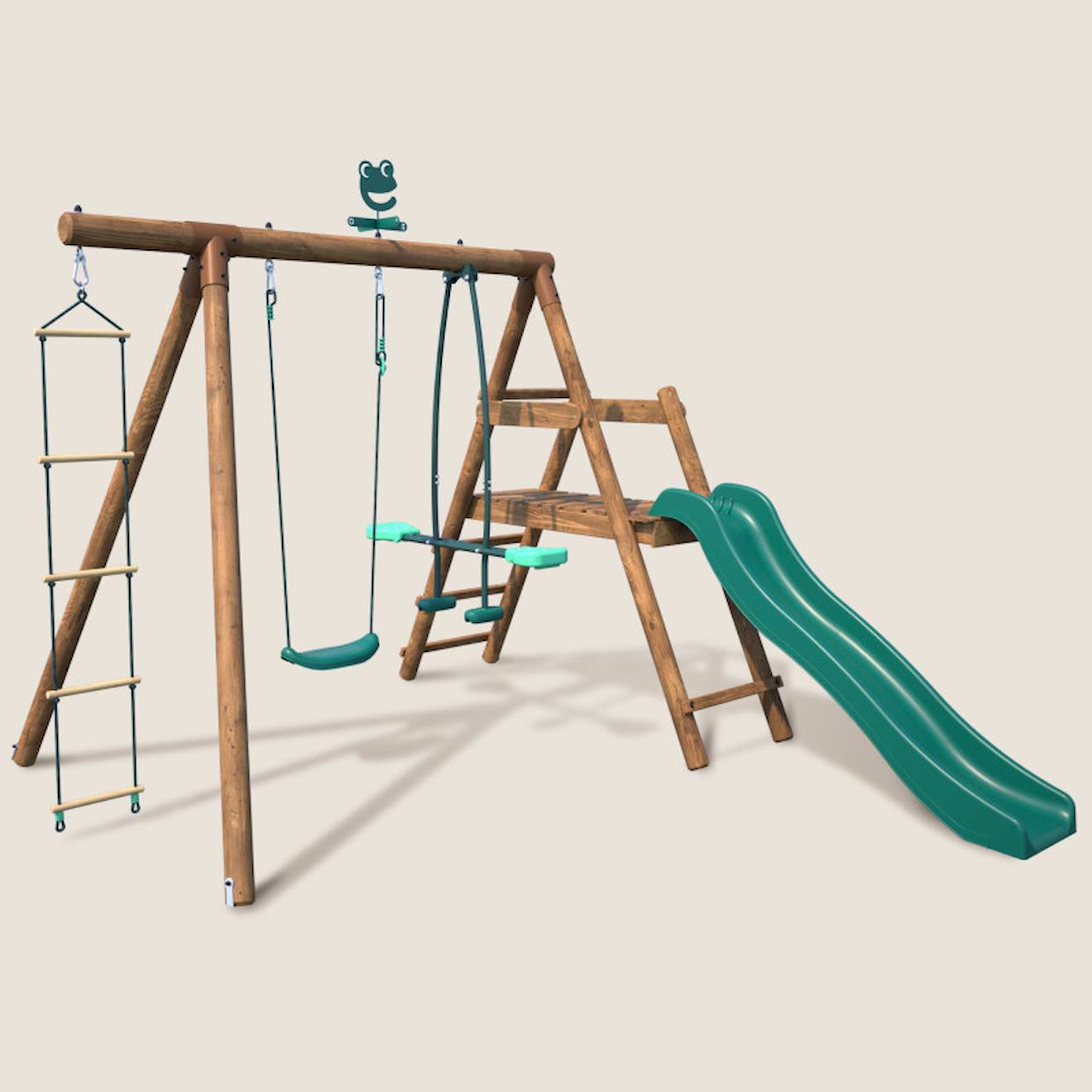 Portique en bois rond 3 agrès avec face à face, échelle et toboggan bas mûrier marron