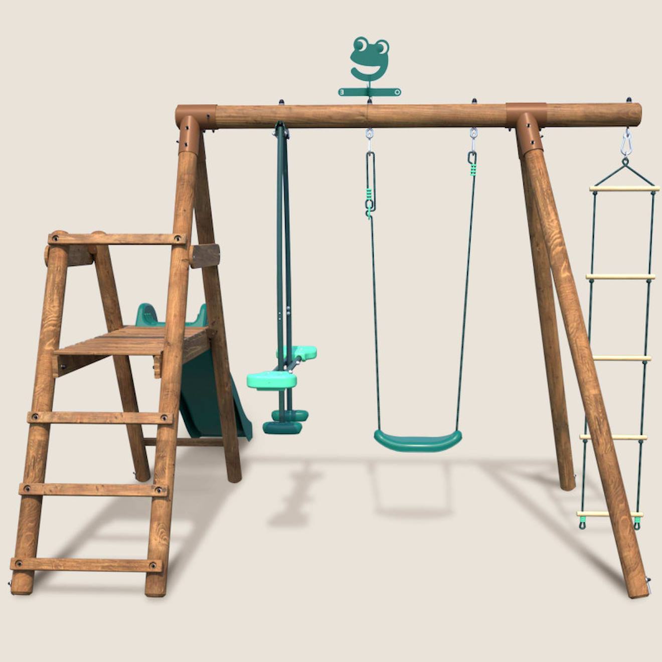 Portique en bois rond 3 agrès avec face à face, échelle et toboggan bas mûrier marron