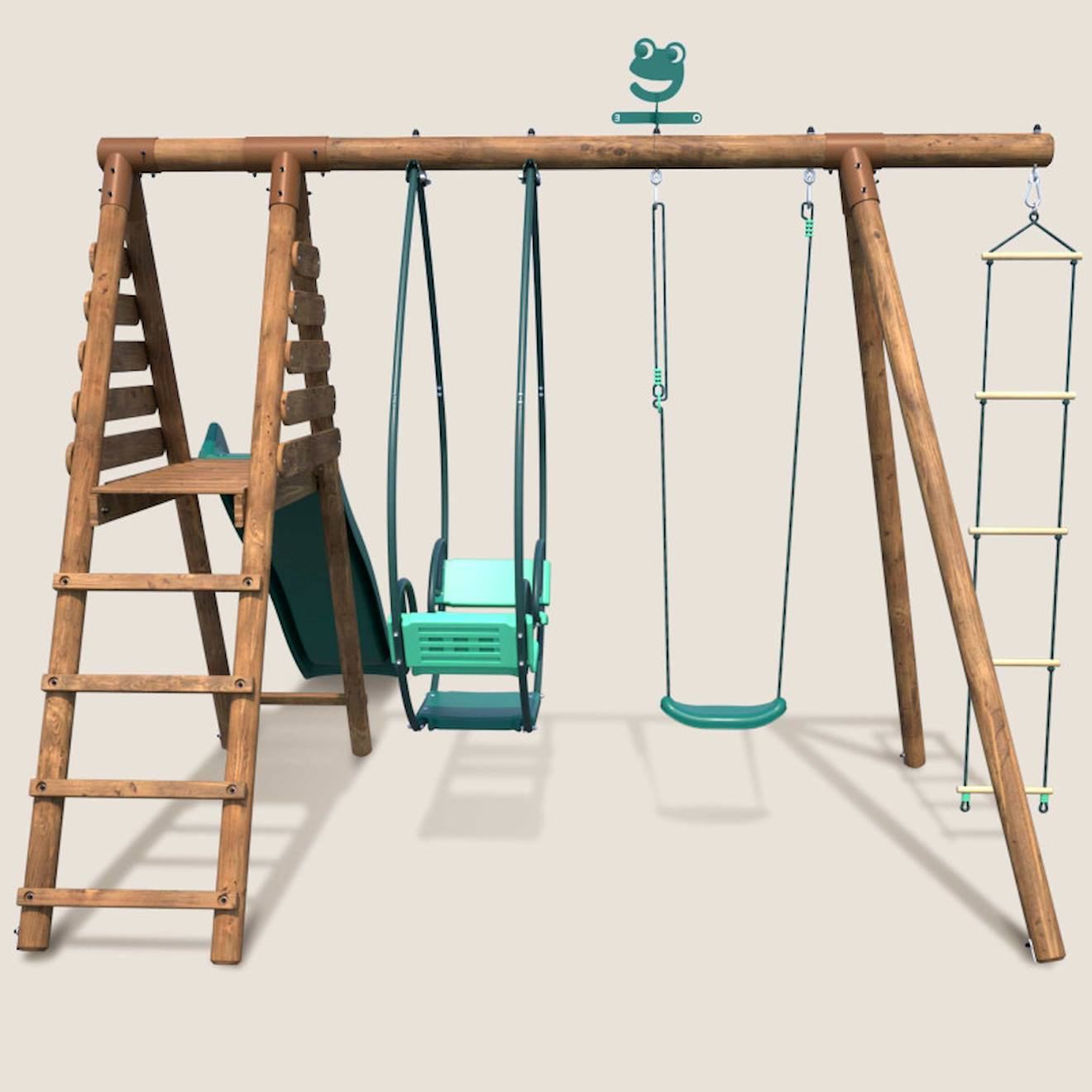 Portique en bois rond 3 agrès avec face à face, échelle et toboggan lavande marron
