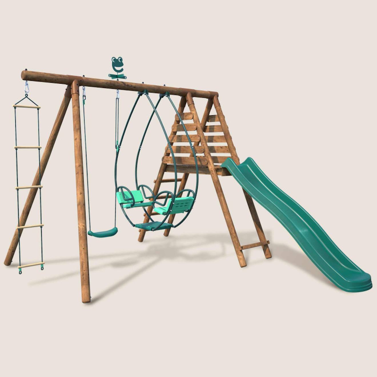 Portique en bois rond 3 agrès avec face à face, échelle et toboggan lavande marron