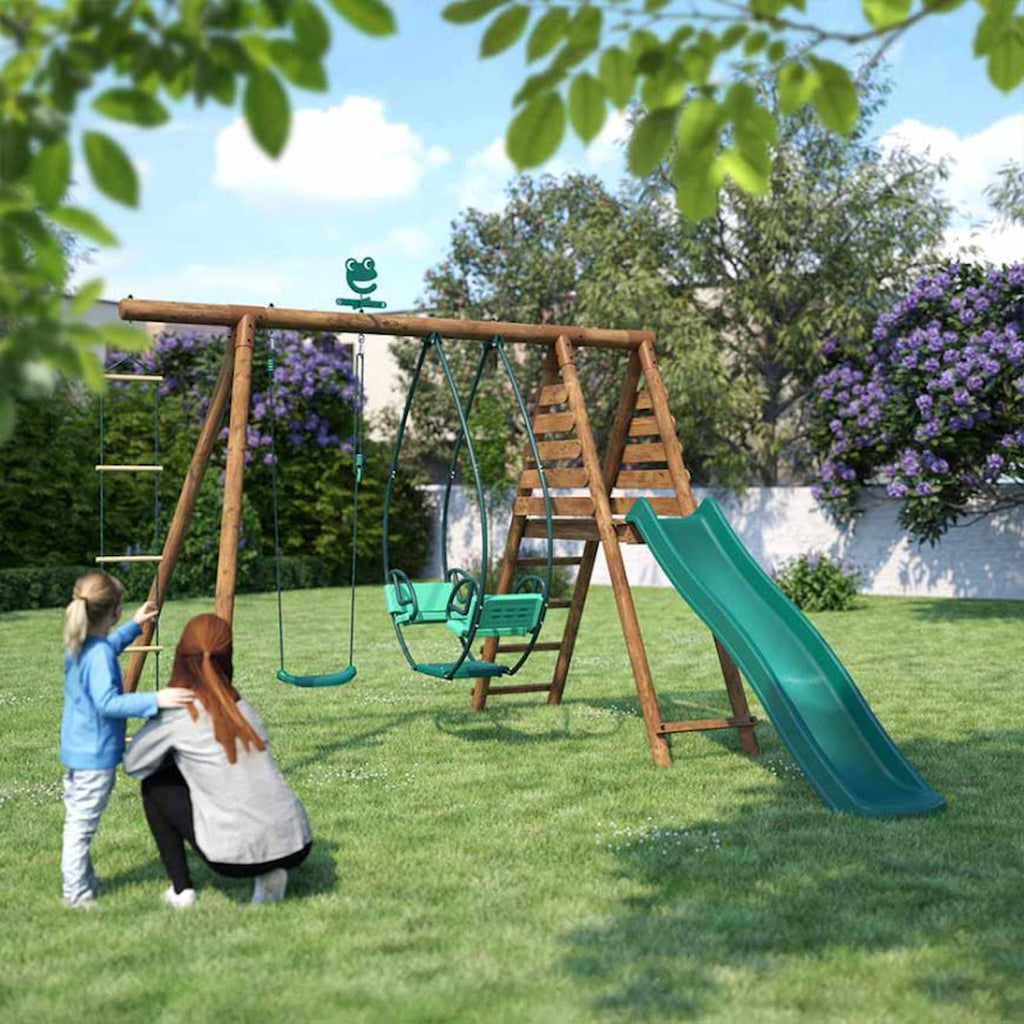 Portique en bois rond 3 agrès avec face à face, échelle et toboggan lavande marron