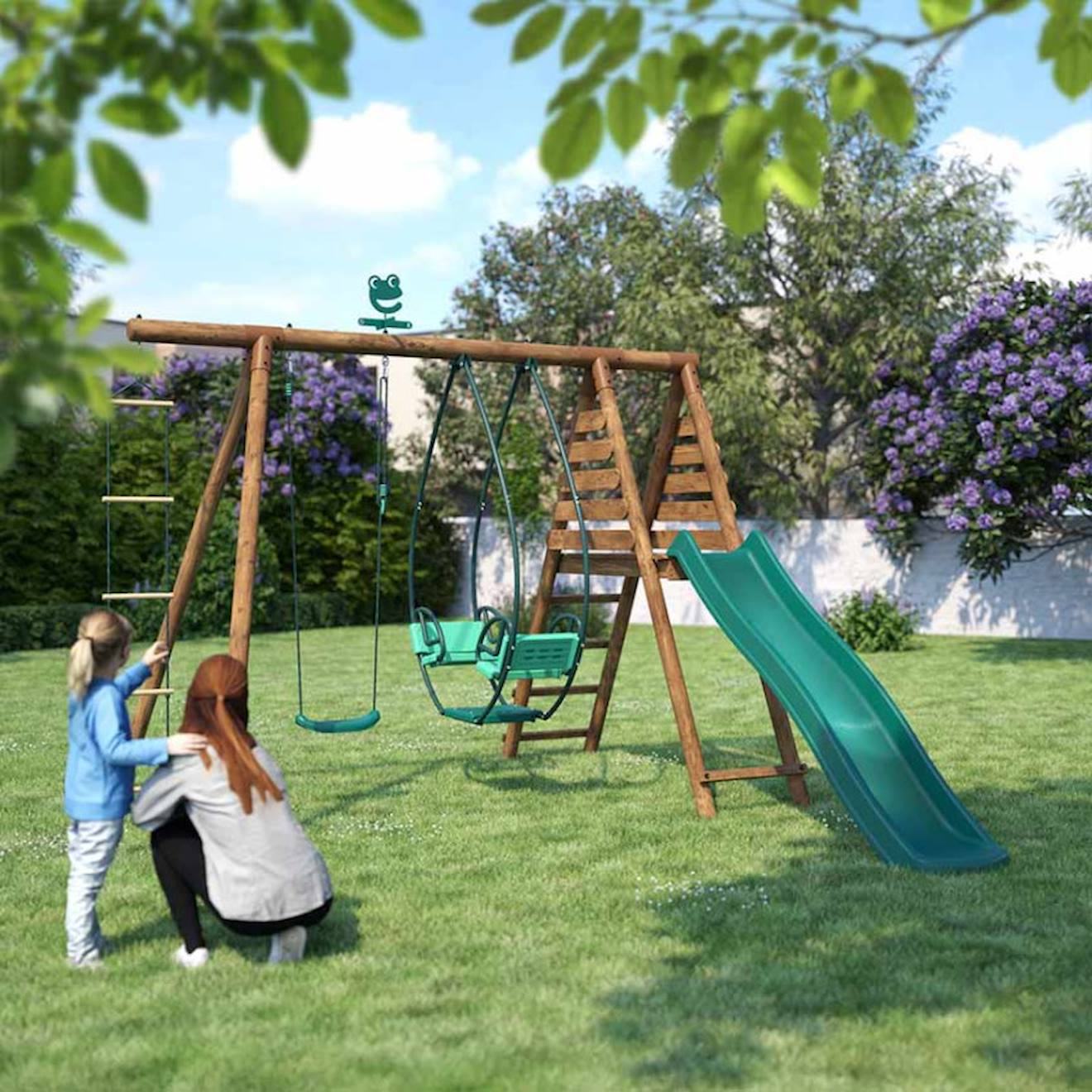 Portique en bois rond 3 agrès avec face à face, échelle et toboggan lavande marron