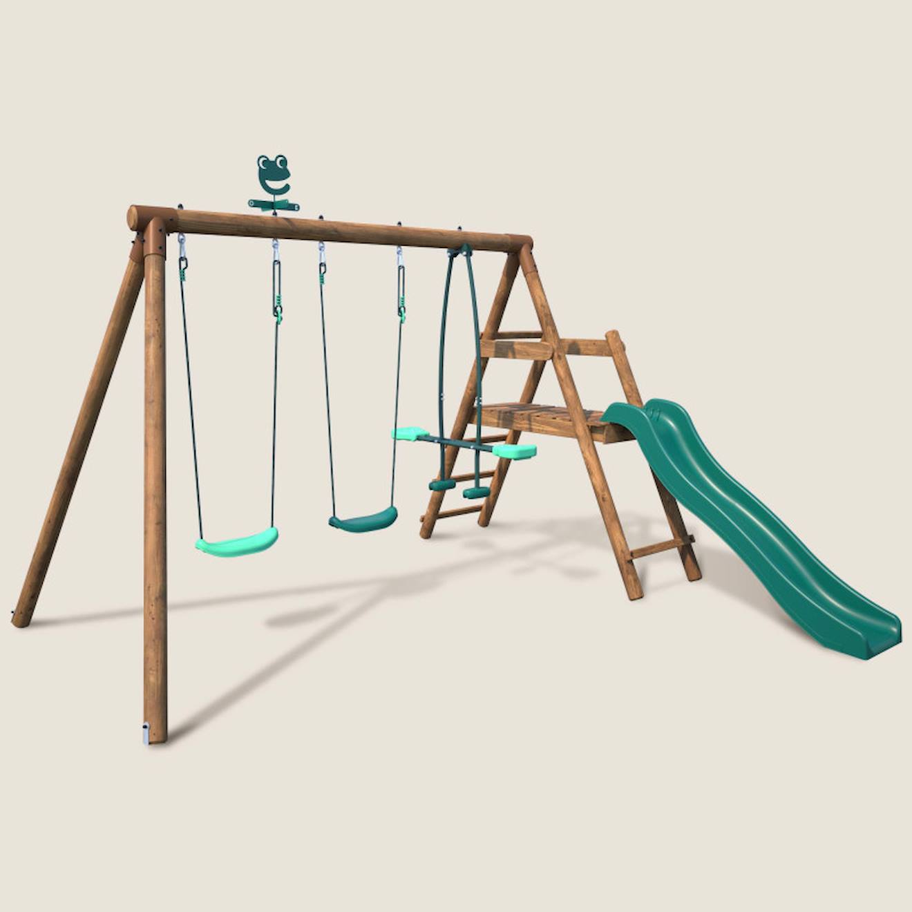 Portique en bois rond 3 agrès avec face à face et toboggan bas figue marron