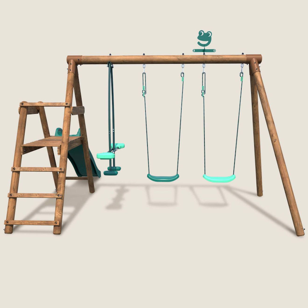 Portique en bois rond 3 agrès avec face à face et toboggan bas figue marron