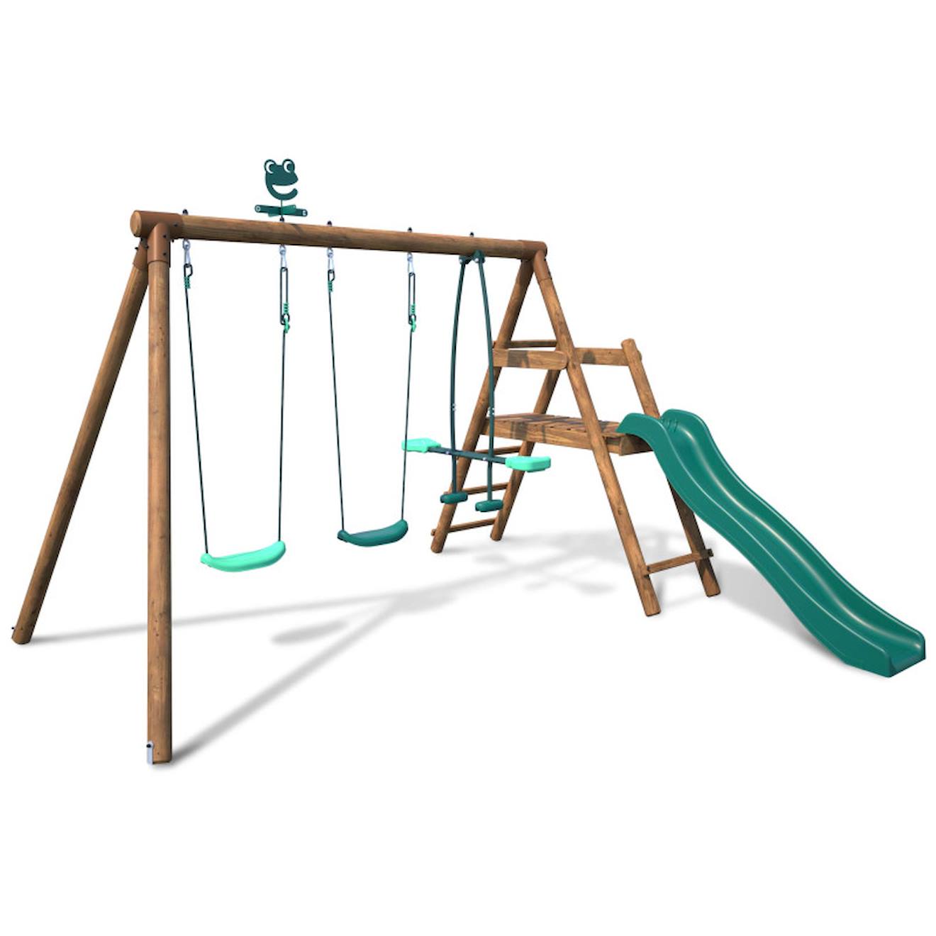 Portique en bois rond 3 agrès avec face à face et toboggan bas figue marron