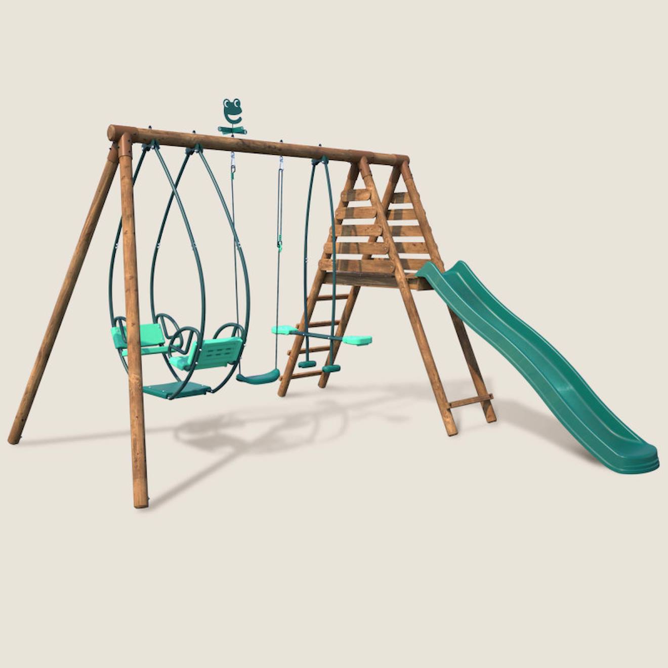Portique en bois rond 3 agrès avec face à face et toboggan nigel marron