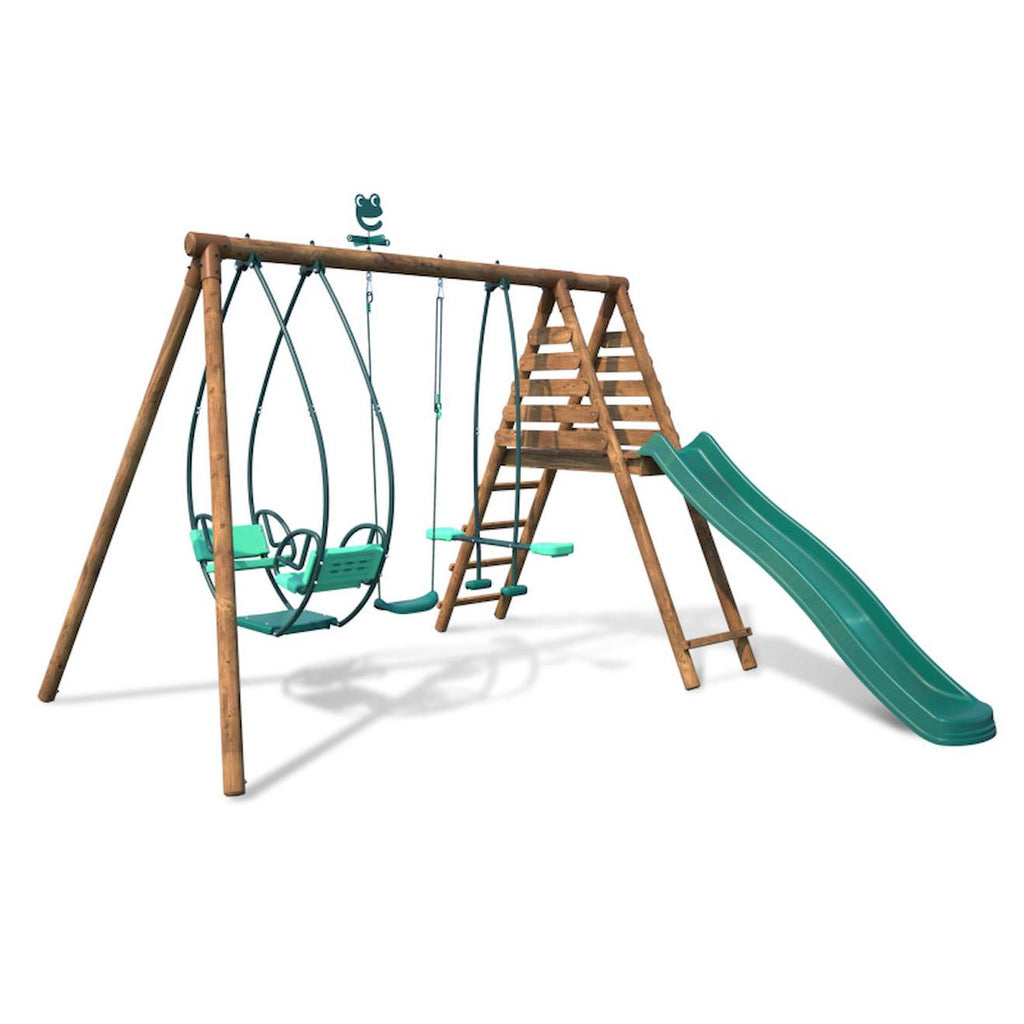 Portique en bois rond 3 agrès avec face à face et toboggan nigel marron
