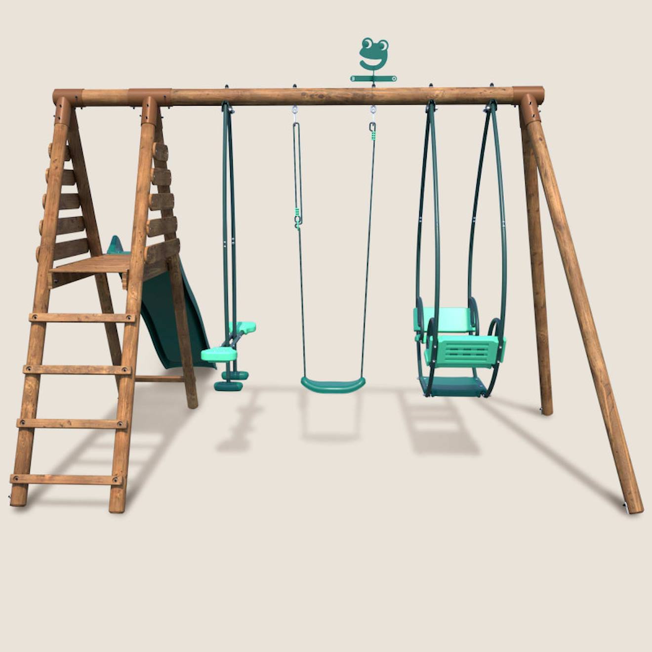 Portique en bois rond 3 agrès avec face à face et toboggan nigel marron
