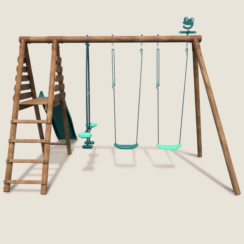 Portique en bois rond 3 agrès avec face à face et toboggan violette marron